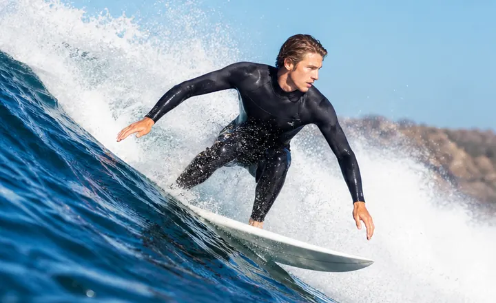 Surfer wearing an unbranded black wetsuit on a blue wave