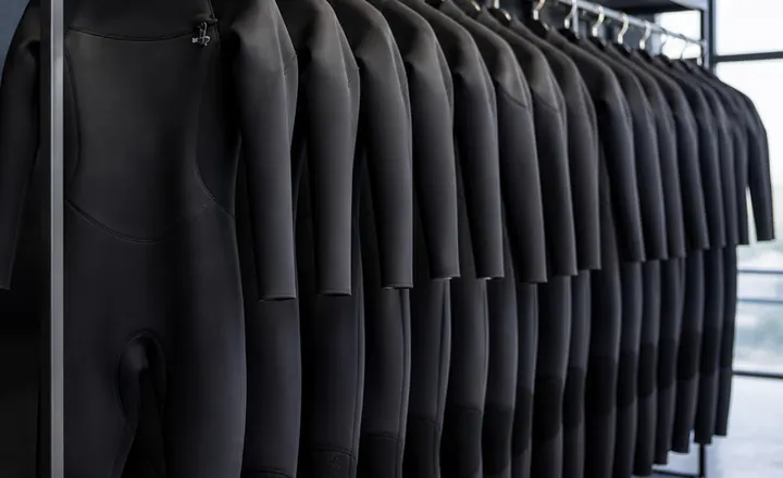 Production-ready black wetsuits displayed on a rack