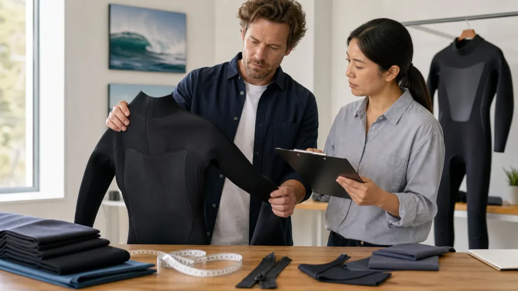 Wetsuit brand team evaluating a manufacturer using a factory audit scorecard