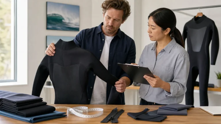 Brand sourcing manager reviewing a wetsuit sample with a manufacturer audit checklist