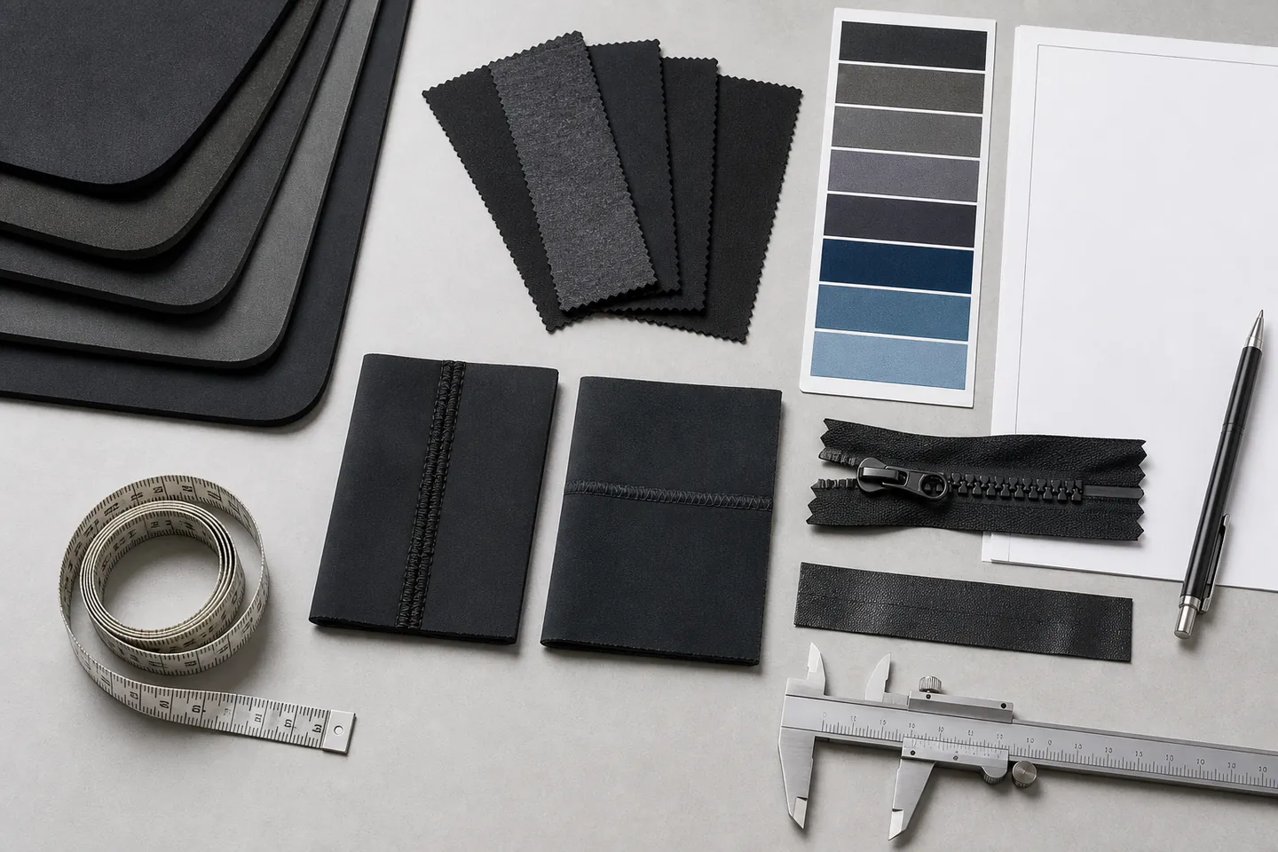 neoprene swatches, wetsuit seam samples, zipper, measuring tape and caliper arranged for supplier material review