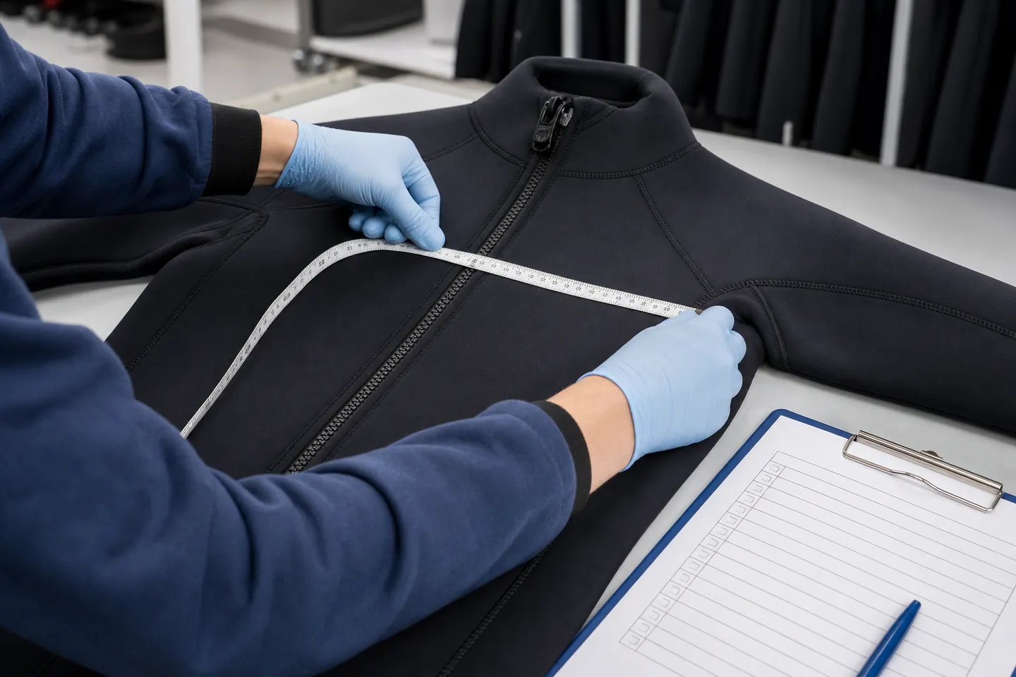quality inspector measuring a black wetsuit seam and zipper alignment beside an inspection checklist