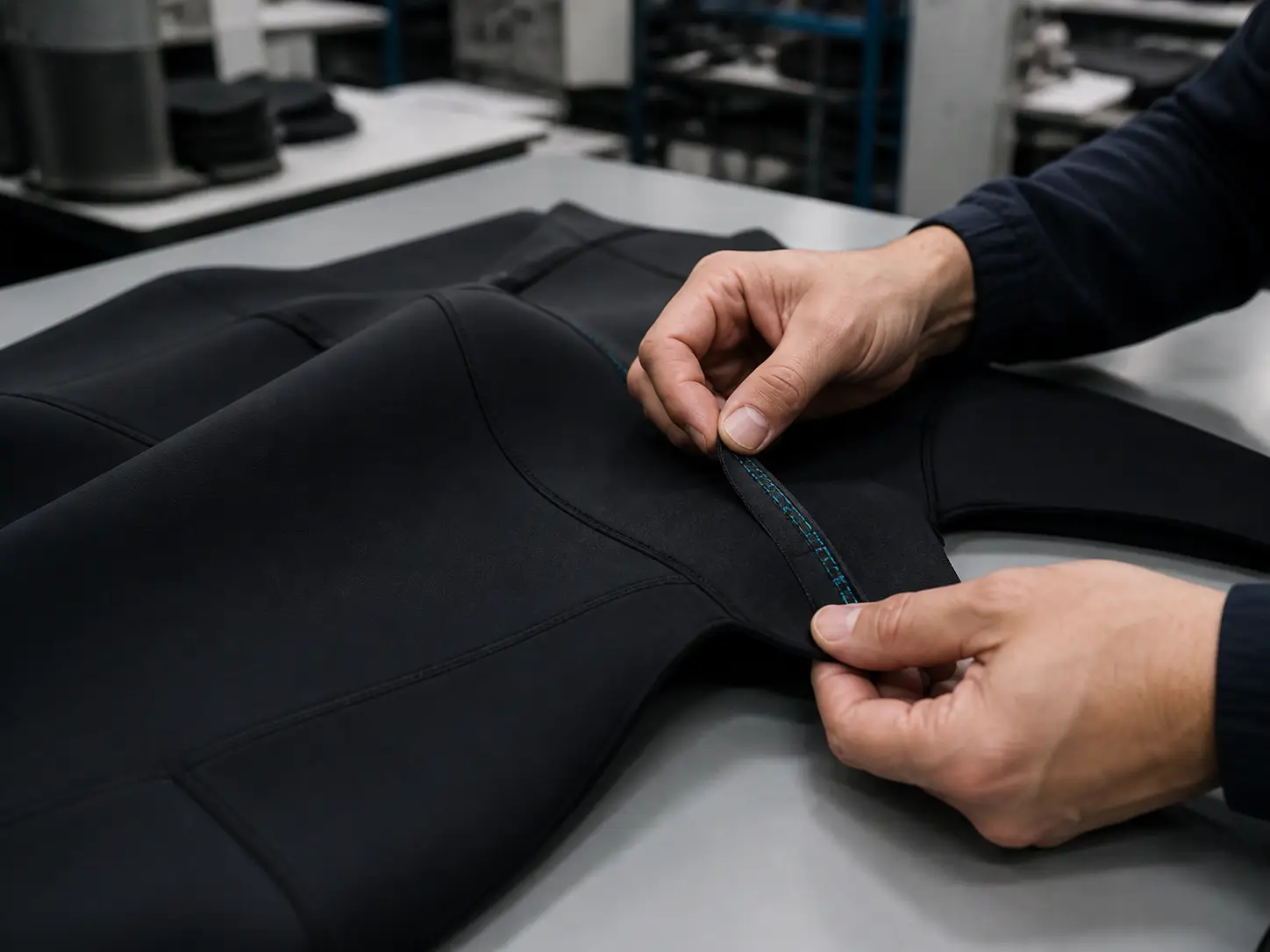 Close-up inspection of bonded neoprene seams during wetsuit manufacturing