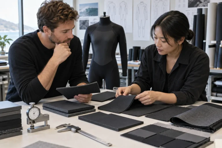 illustrative buyer and material engineer comparing CR and SCR wetsuit foam candidates