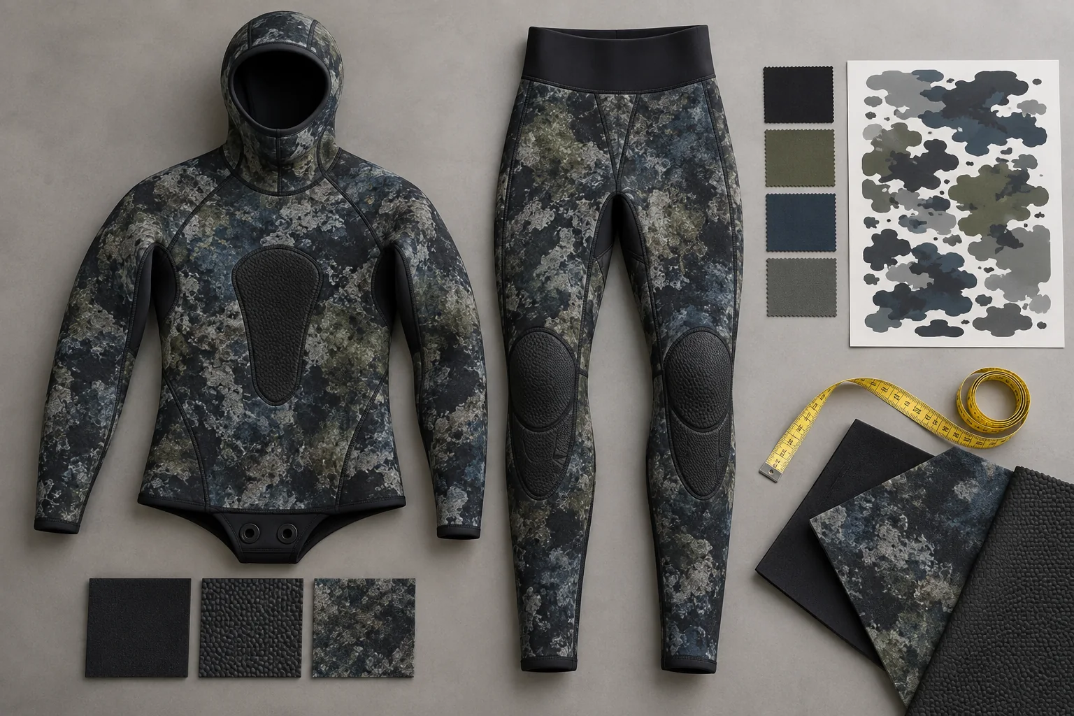 custom camouflage spearfishing wetsuit with hood chest loading pad and reinforced knees