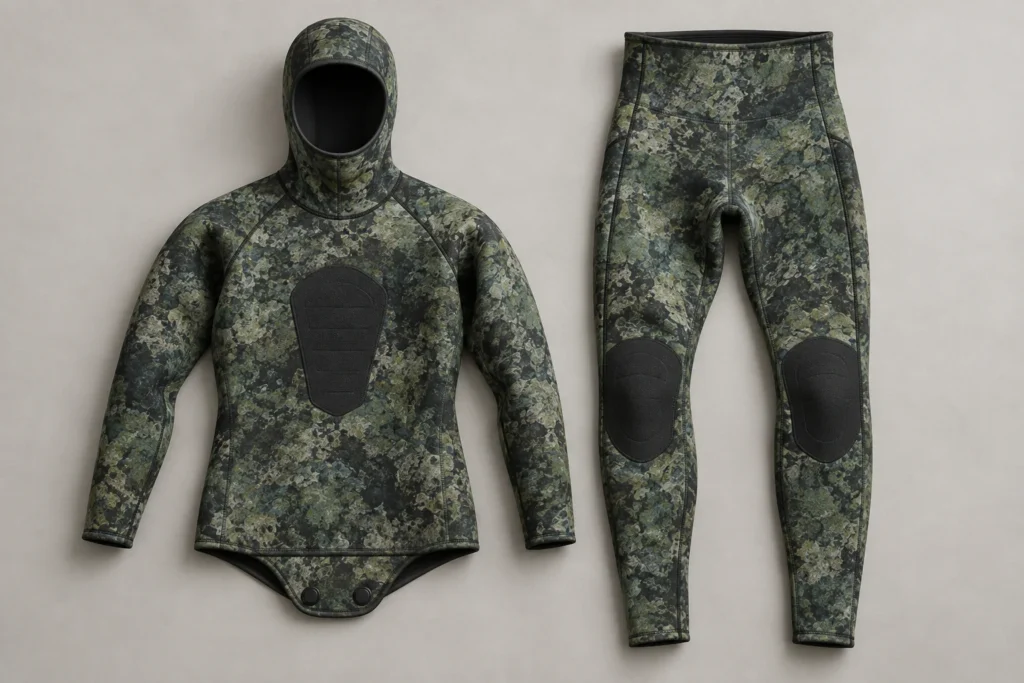 AI-generated concept of custom spearfishing wetsuits with a hooded jacket, high-waist trousers, chest pad and knee reinforcement
