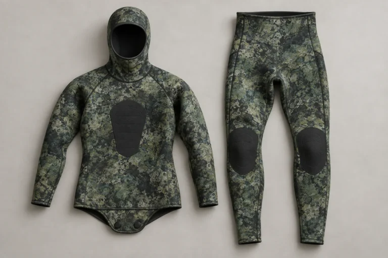 AI-generated concept of custom spearfishing wetsuits with a hooded jacket, high-waist trousers, chest pad and knee reinforcement