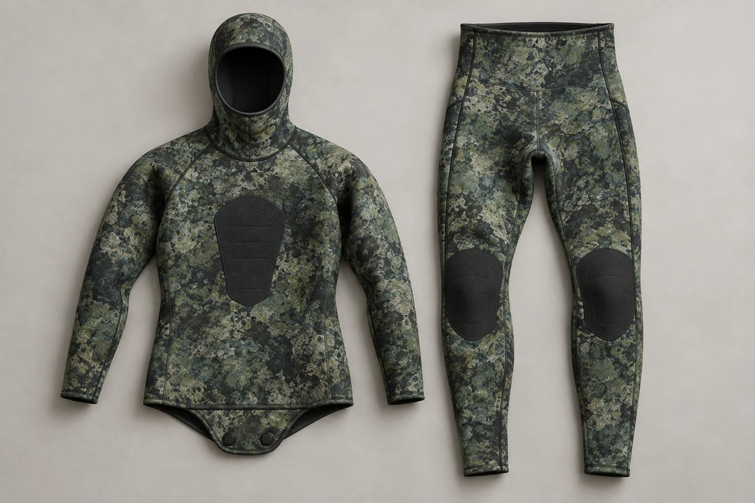 AI-generated concept of custom spearfishing wetsuits with a hooded jacket, high-waist trousers, chest pad and knee reinforcement