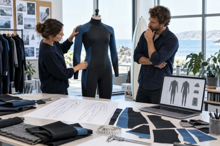 Designer and product manager reviewing how to design a custom wetsuit from sketches and material samples