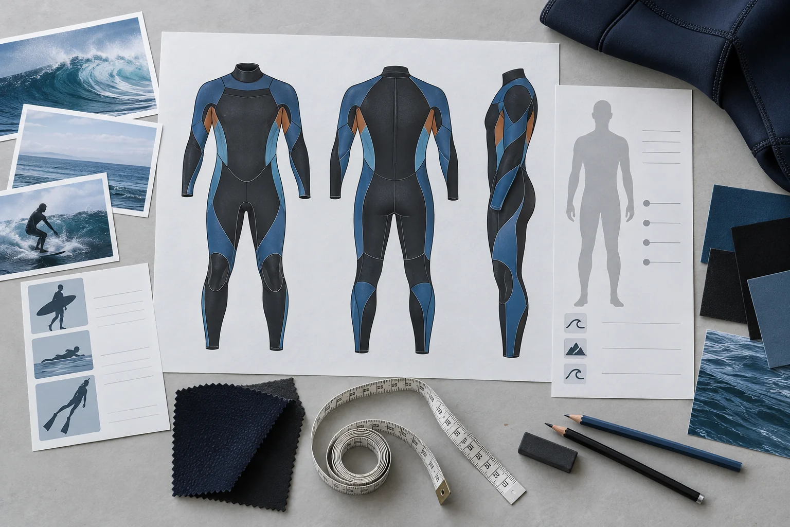Custom wetsuit technical views organized around user activity and functional zones