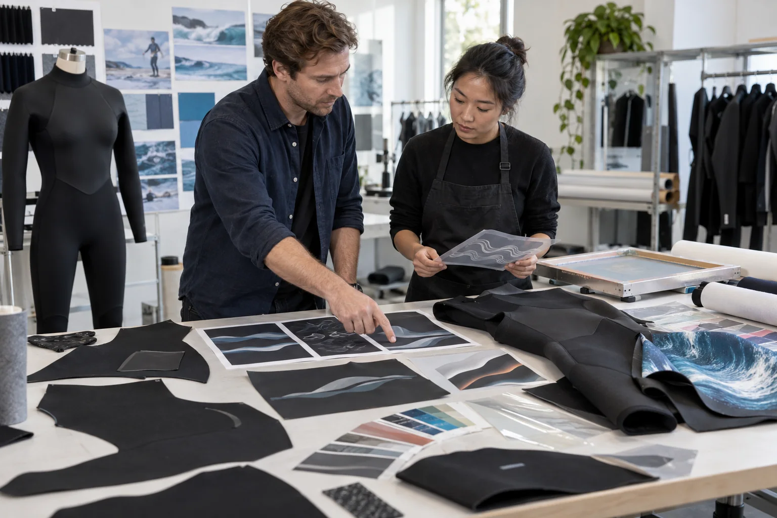 illustrative buyer and technician reviewing custom wetsuit logo printing samples