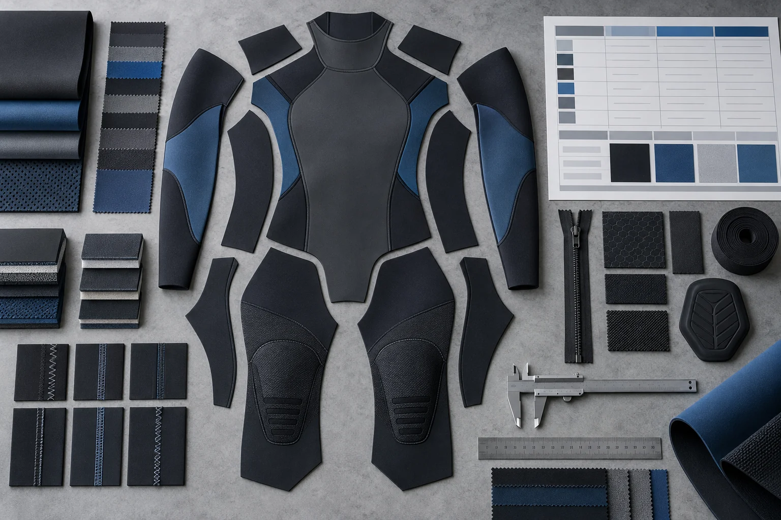 Custom wetsuit pattern panels materials seams zipper and bill of materials layout
