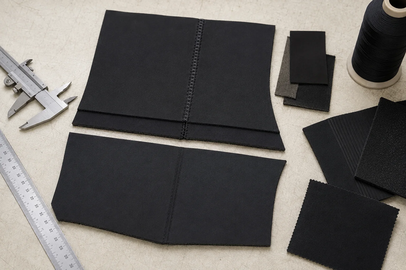 Illustrative flatlock and glued blind stitched neoprene seam samples