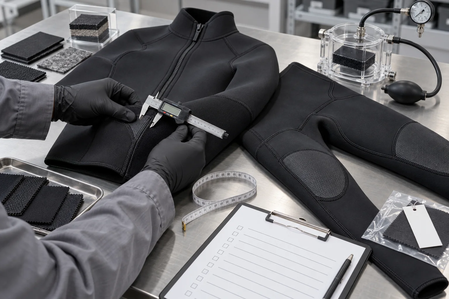freediving wetsuit sample inspection with seam measurement reinforcement check and localized pressure test