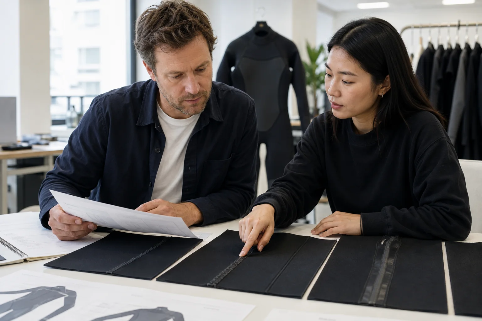 Buyer and wetsuit engineer comparing flatlock, GBS and taped seam samples