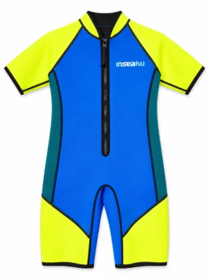 HK-S001 blue and lime custom front zip shorty wetsuit front view