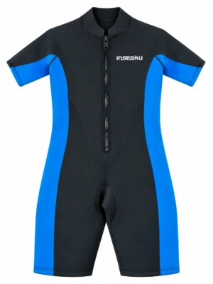 Custom Front Zip Shorty Wetsuit with Contrast Panels – HK-S002, black and blue front view