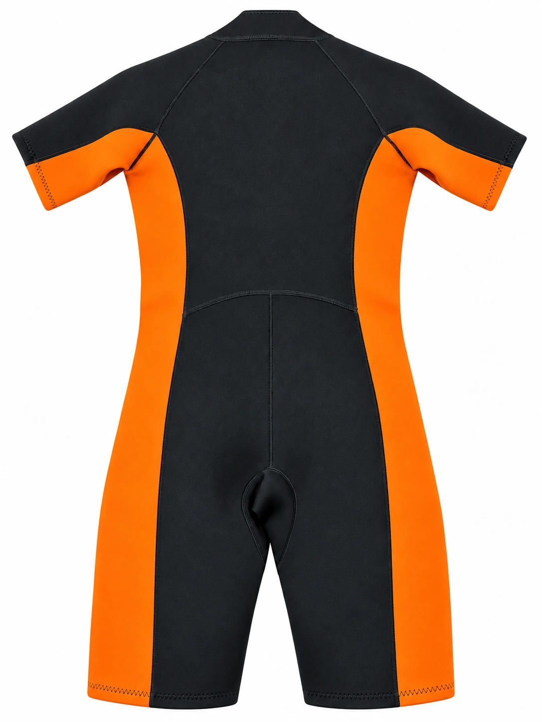 Custom Front Zip Shorty Wetsuit with Contrast Panels – HK-S002, black and orange back view