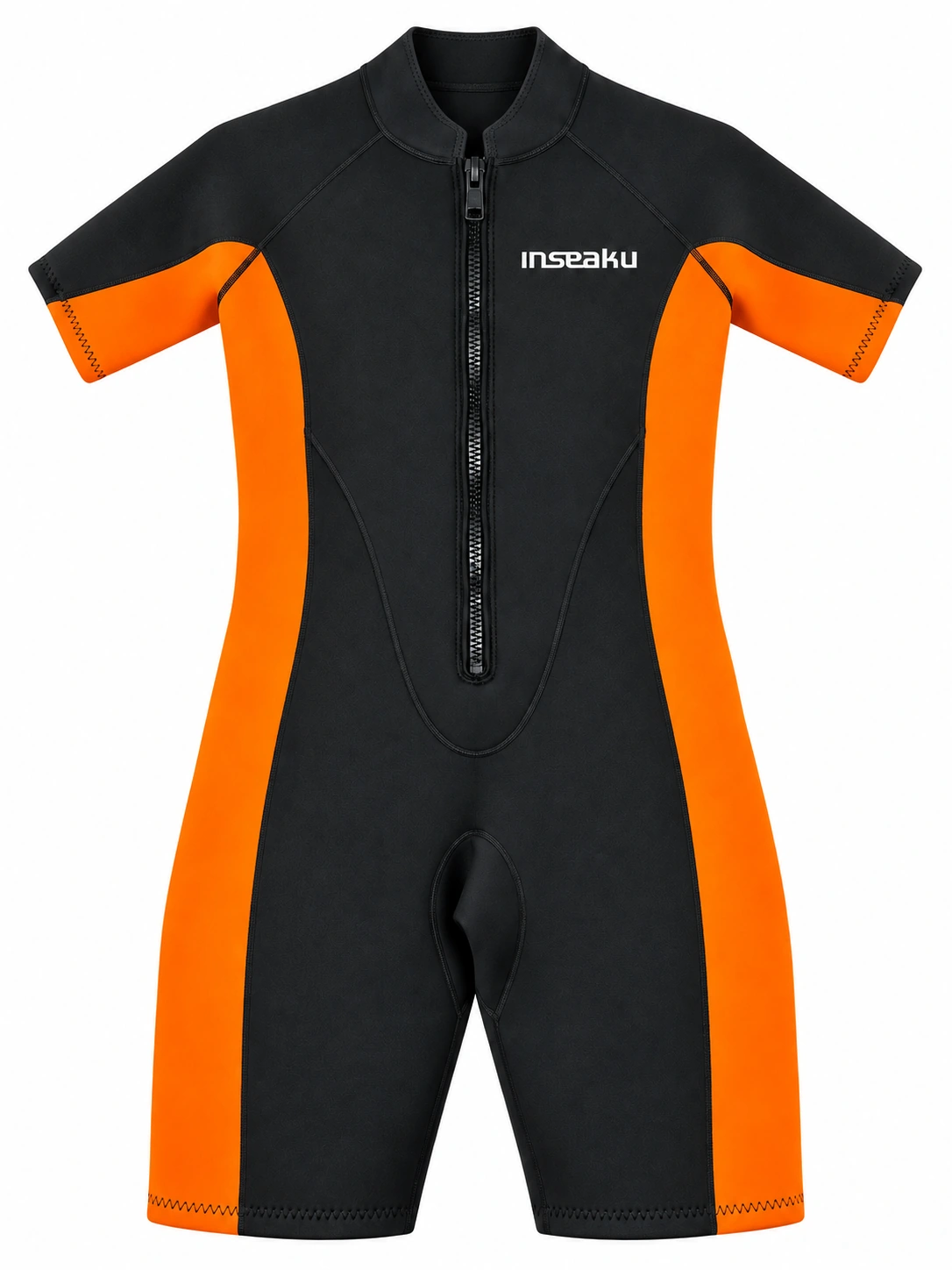 Custom Front Zip Shorty Wetsuit with Contrast Panels – HK-S002, black and orange front view