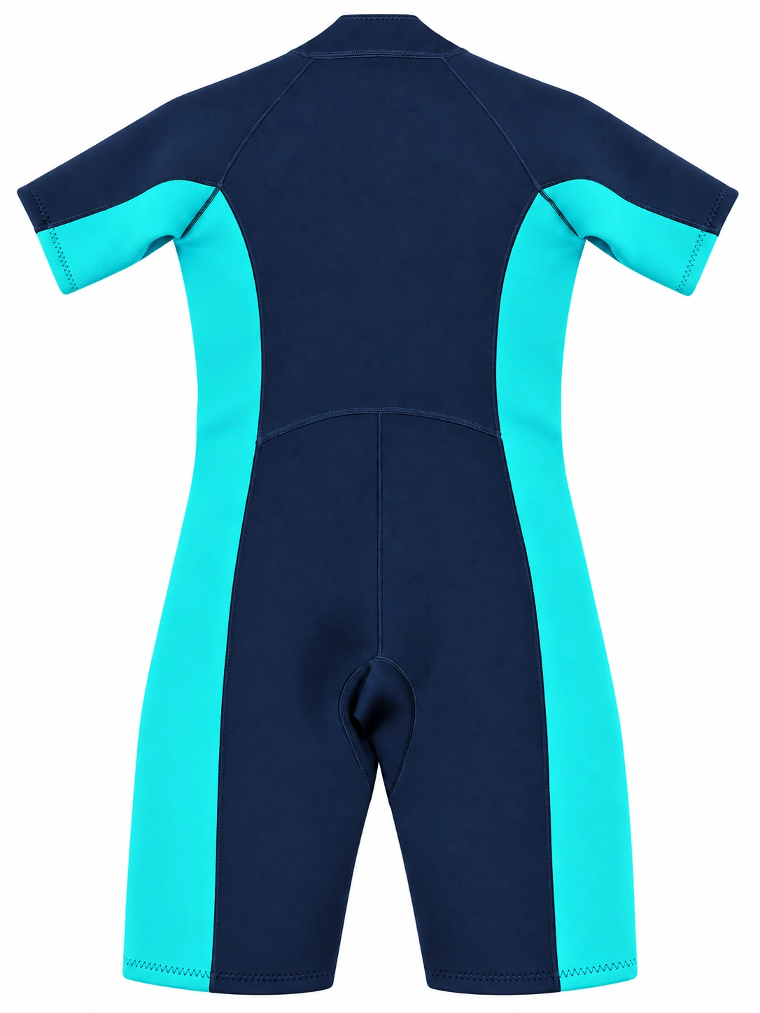 Custom Front Zip Shorty Wetsuit with Contrast Panels – HK-S002, navy and aqua back view
