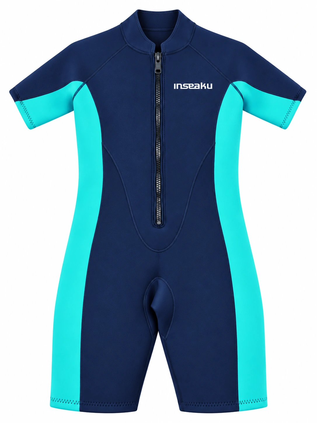 Custom Front Zip Shorty Wetsuit with Contrast Panels – HK-S002, navy and aqua front view