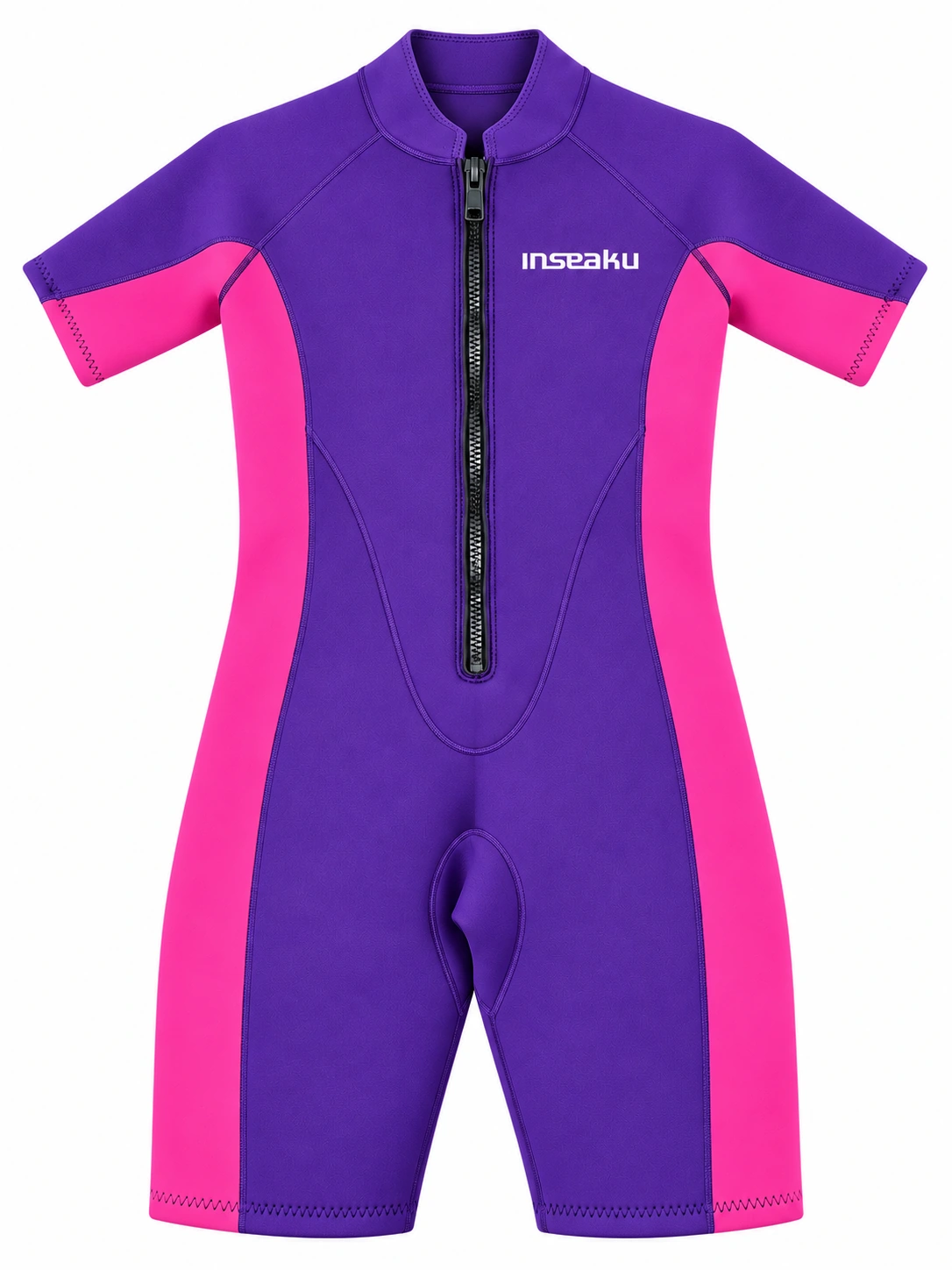 Custom Front Zip Shorty Wetsuit with Contrast Panels – HK-S002, purple and pink front view