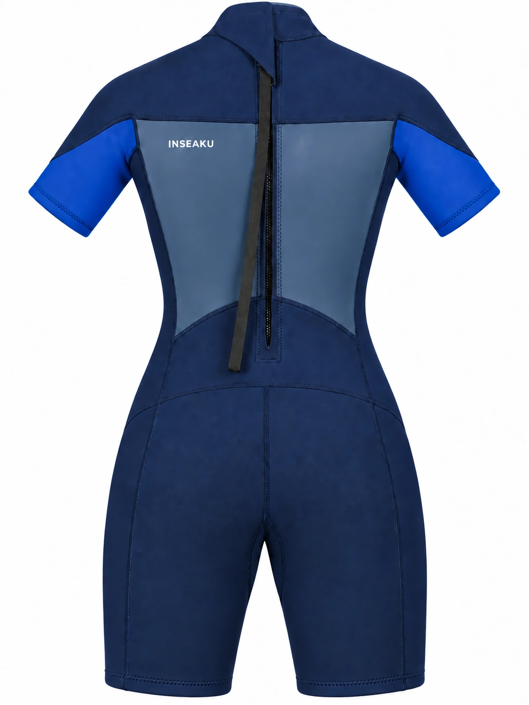 Custom Back Zip Shorty Wetsuit with Smooth Look Panels – HK-WS-001, navy and blue back view