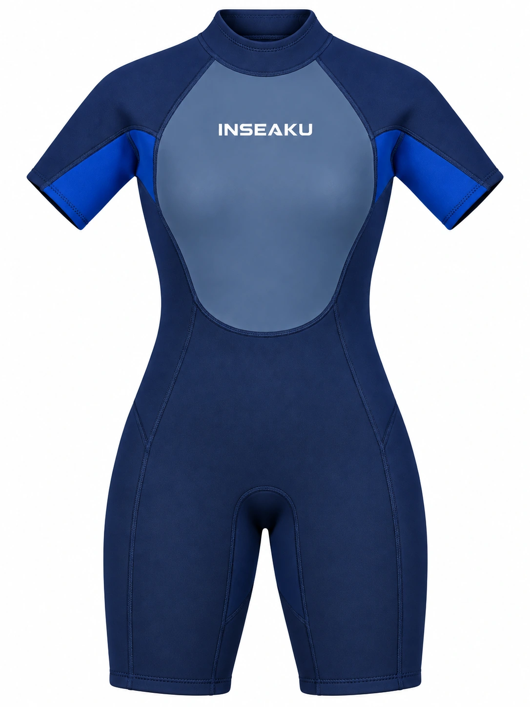 Custom Back Zip Shorty Wetsuit with Smooth Look Panels – HK-WS-001, navy and blue front view