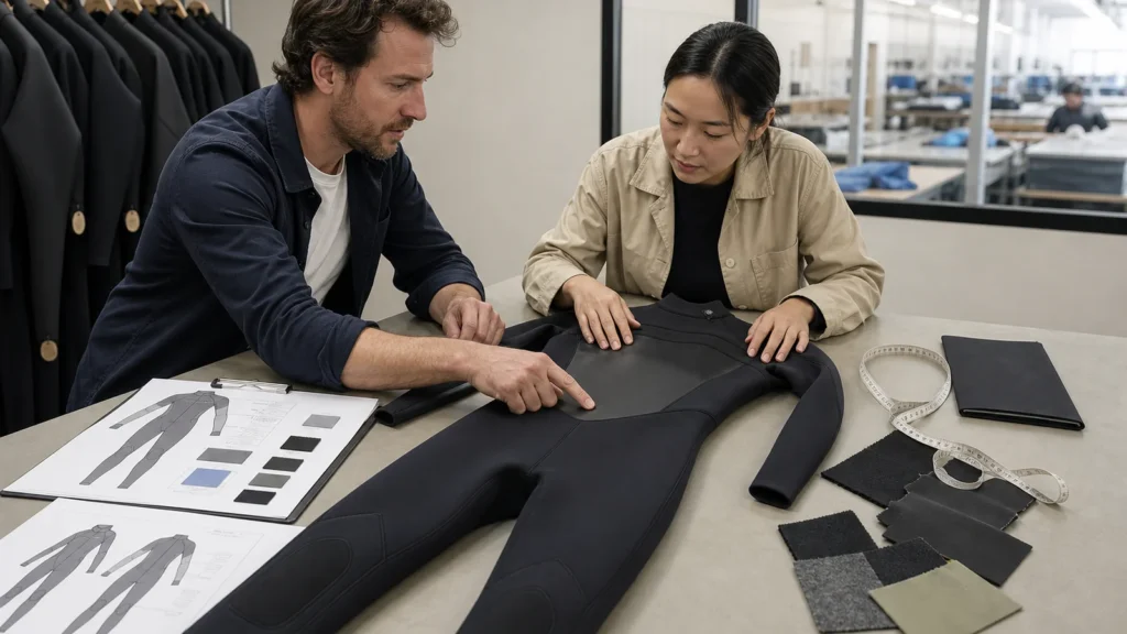 Brand representative and wetsuit developer reviewing a tech pack and black wetsuit sample