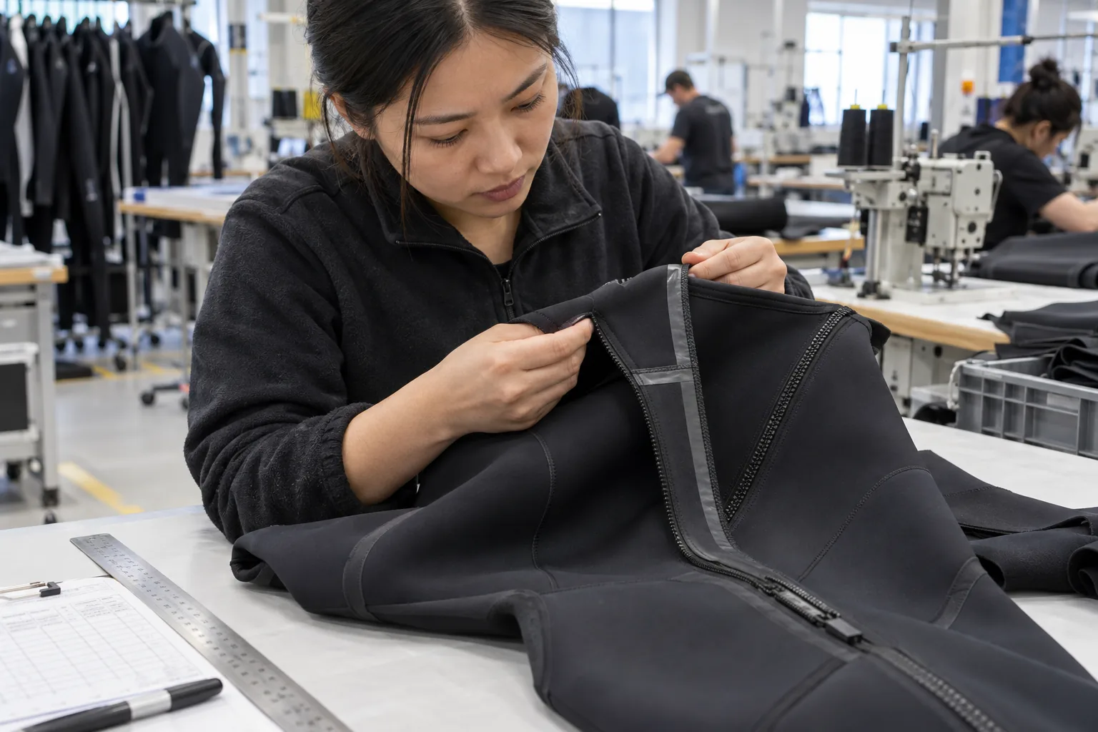 illustrative in-process wetsuit seam inspection of stitching, zipper alignment and internal seam tape