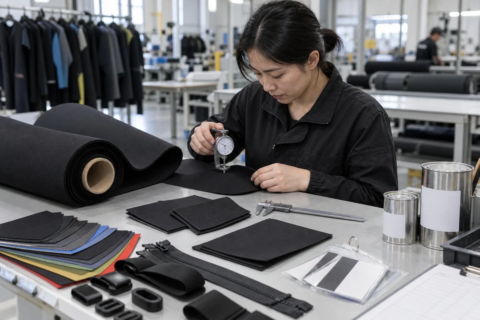 illustrative incoming neoprene material inspection using a thickness gauge, swatches and component samples