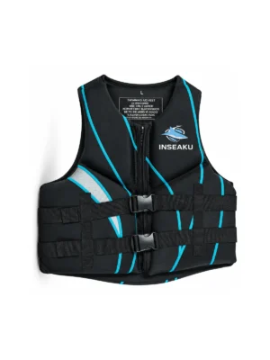Custom Black and Cyan Panel Life Vest - front view
