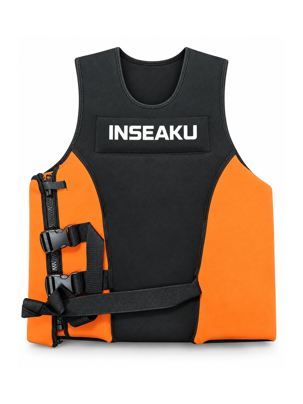 Custom Black and Orange Side Buckle Life Vest - front view