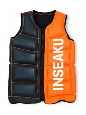 Custom Black and Orange Split Panel Life Vest - front view