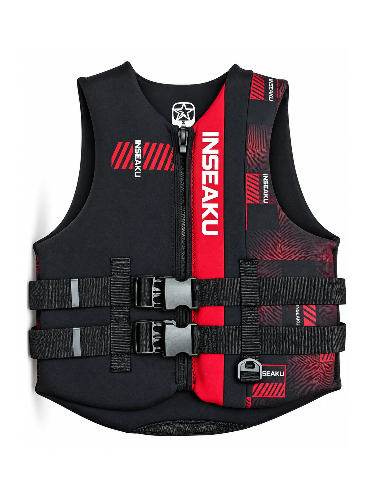 Custom Black and Red Panel Life Vest - front view