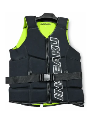 Custom front zip life vest in black and lime with waist buckle - front view