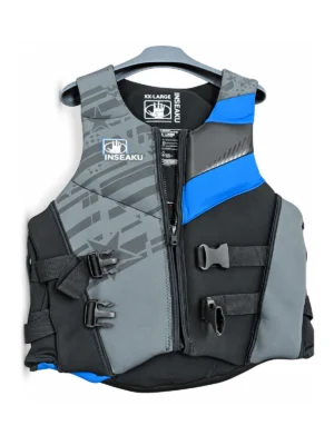 Custom Gray and Blue Panel Life Vest - front view