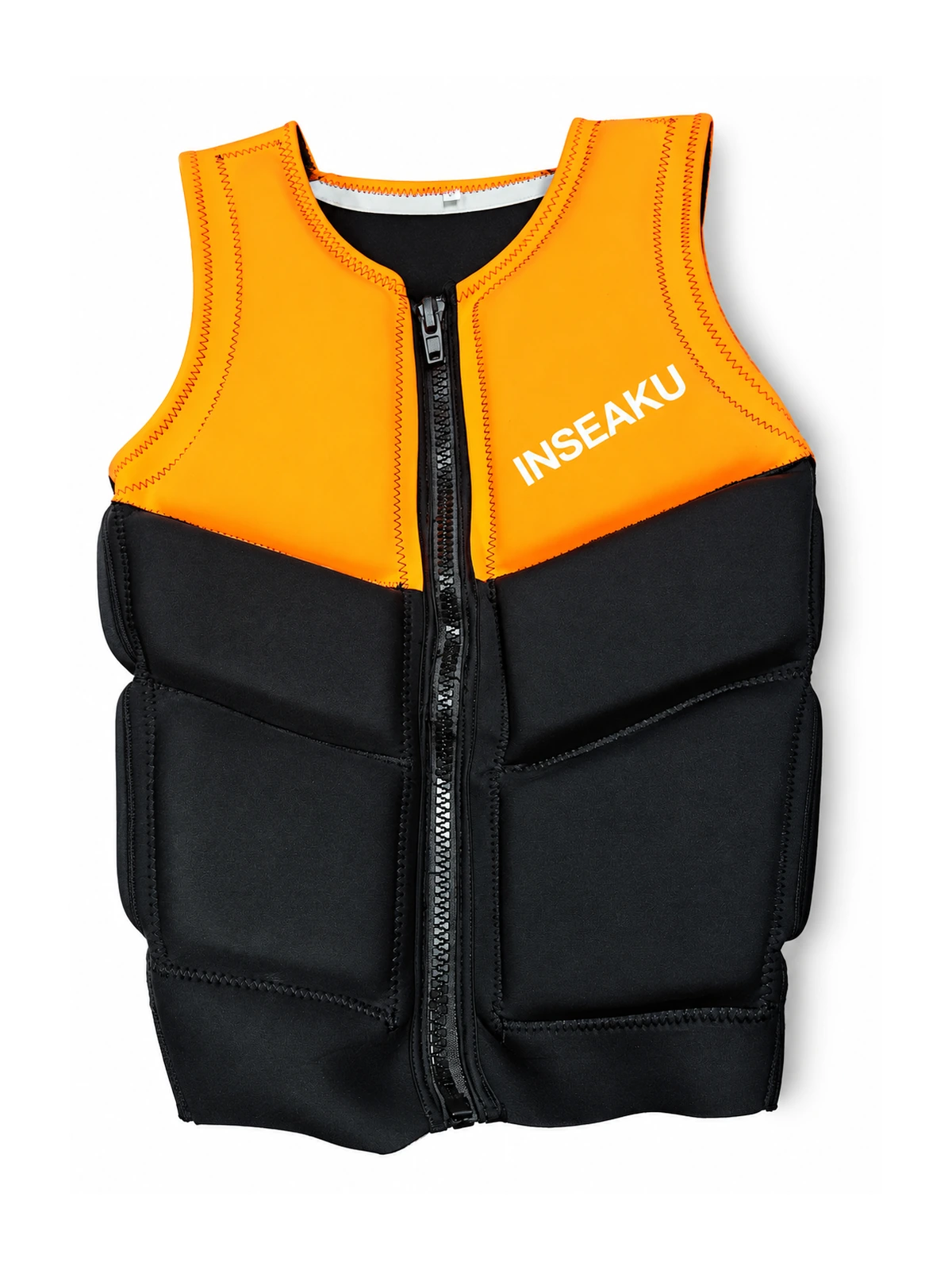 Custom Orange and Black Front Zip Life Vest - front view