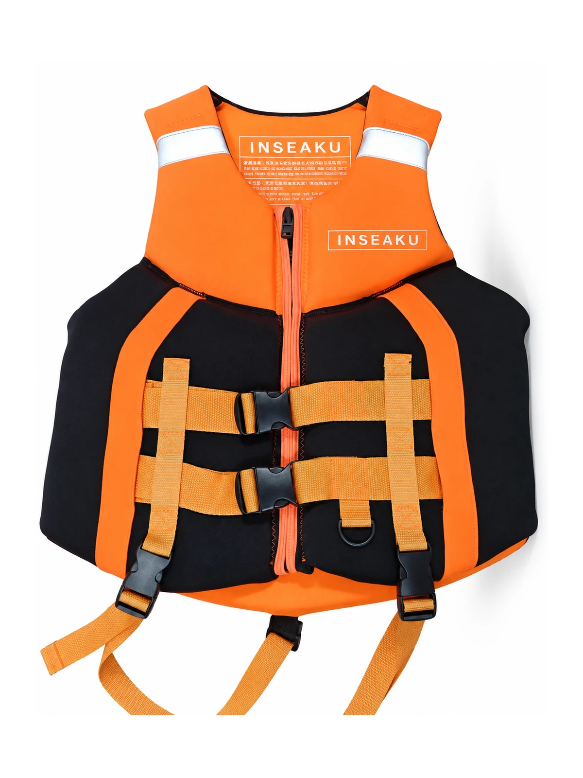 Custom Orange and Black Two Buckle Life Vest - front view