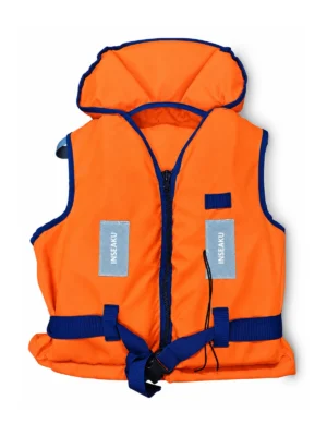 Custom Orange Hooded Life Vest with Blue Trim - front view