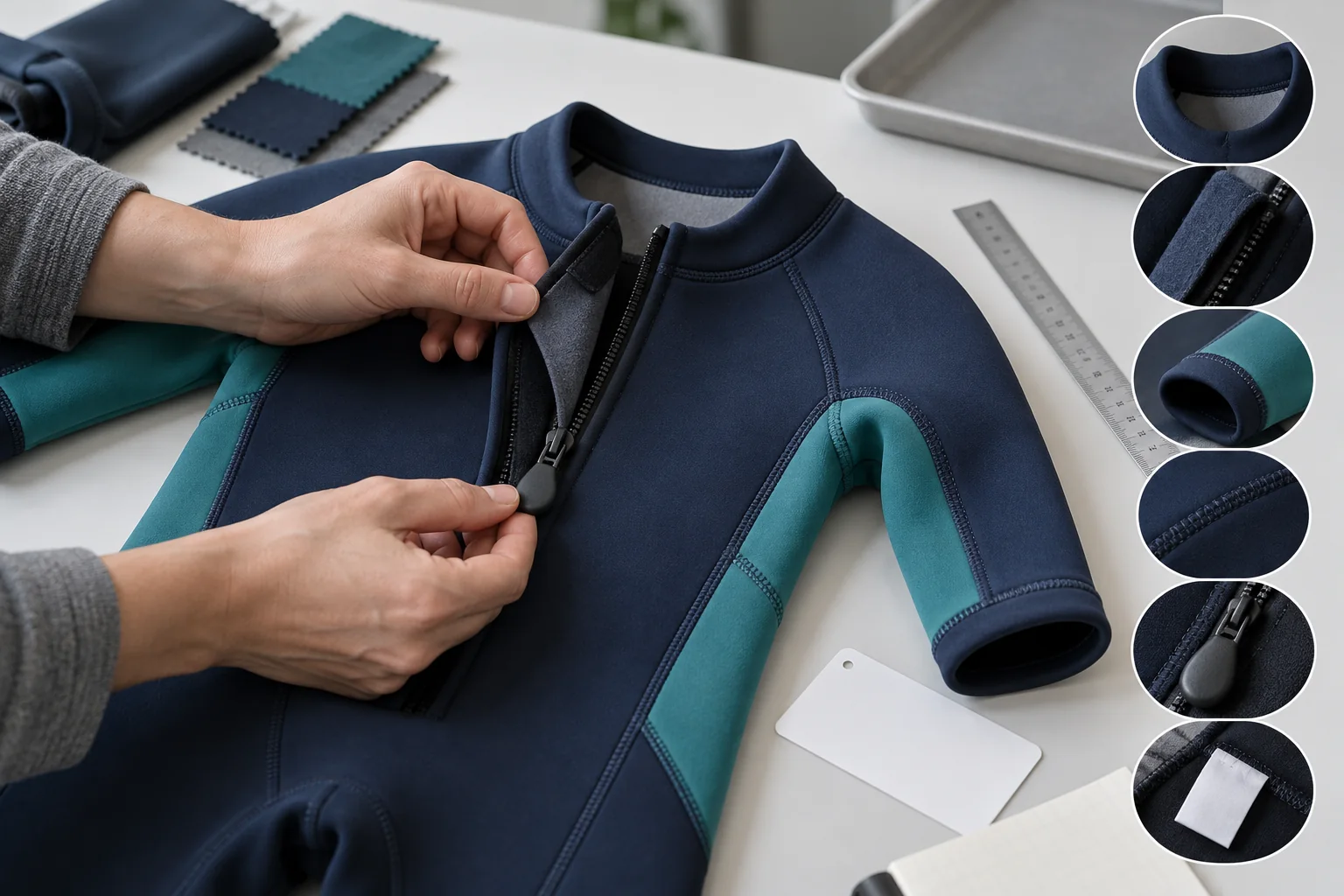 child-size wetsuit design hazard review of zipper guard neck cuff seams puller and label
