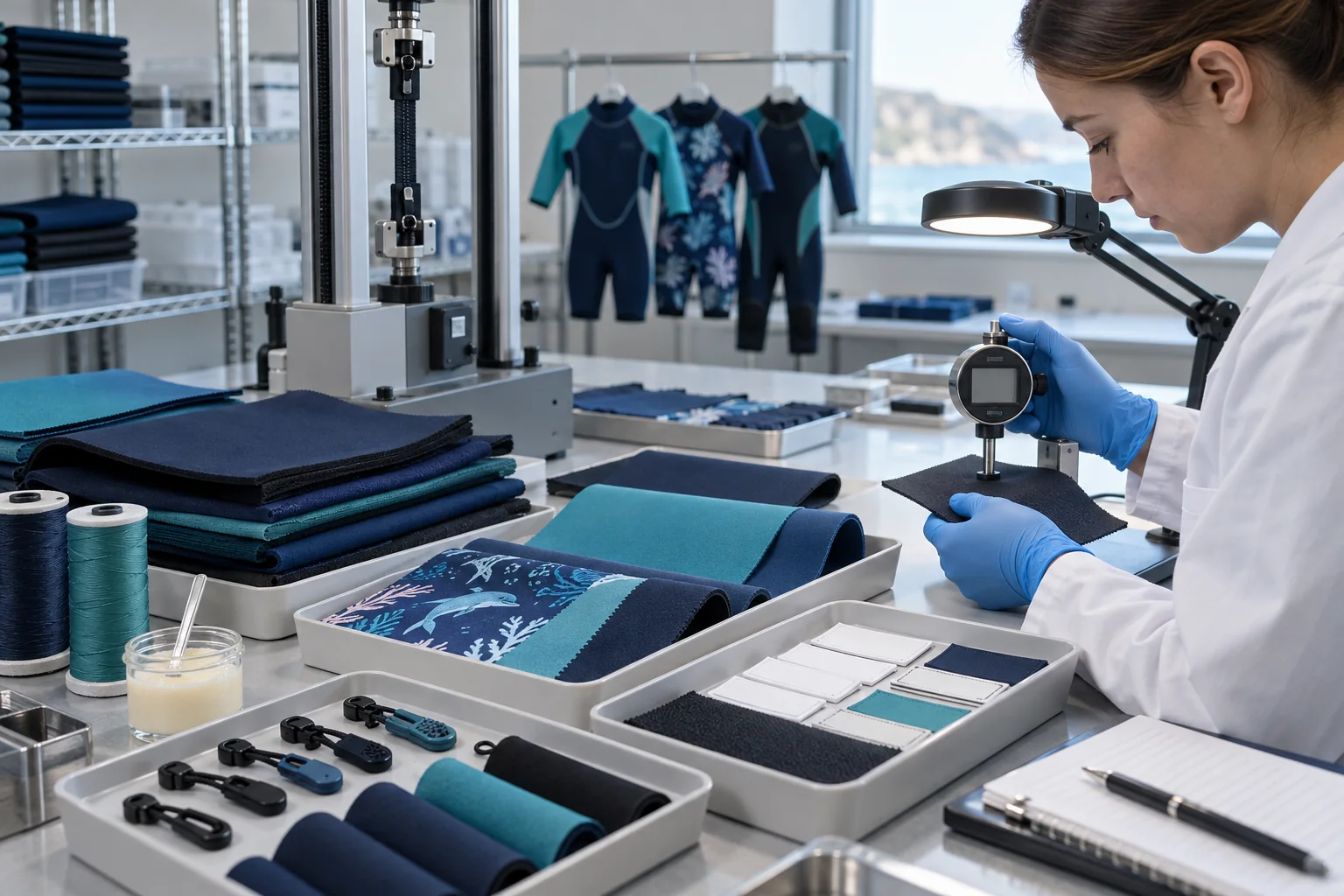 kids wetsuit material and component testing of foam fabric print zipper pull and labels