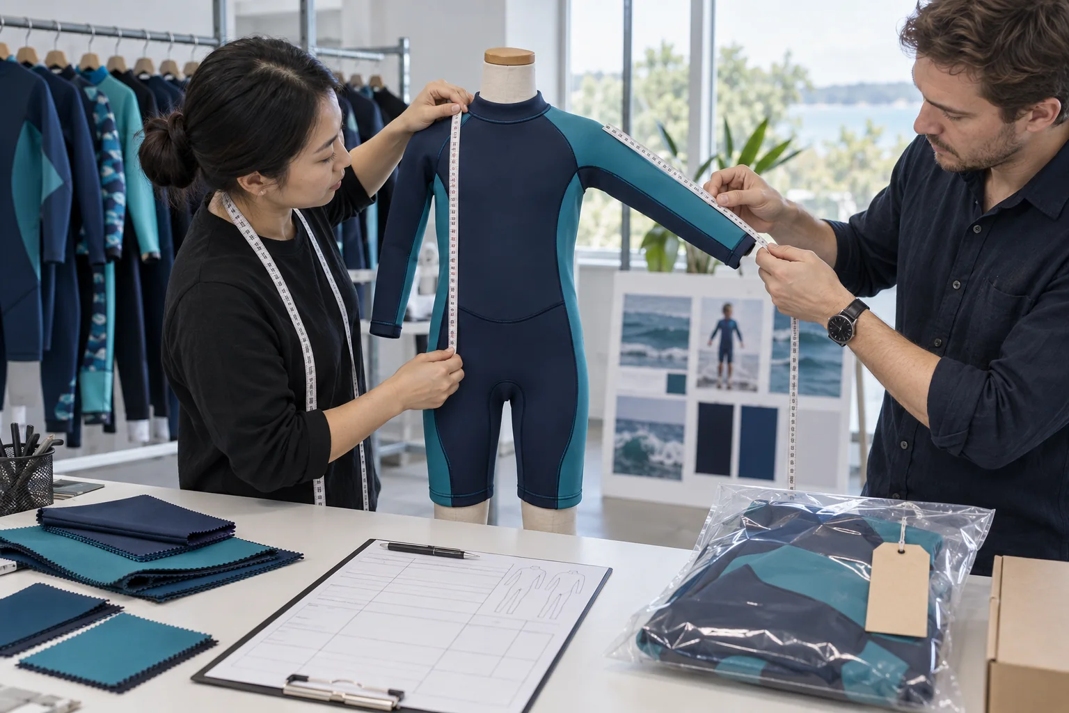 kids wetsuit sample fit sizing measurement and batch approval on child-size mannequin