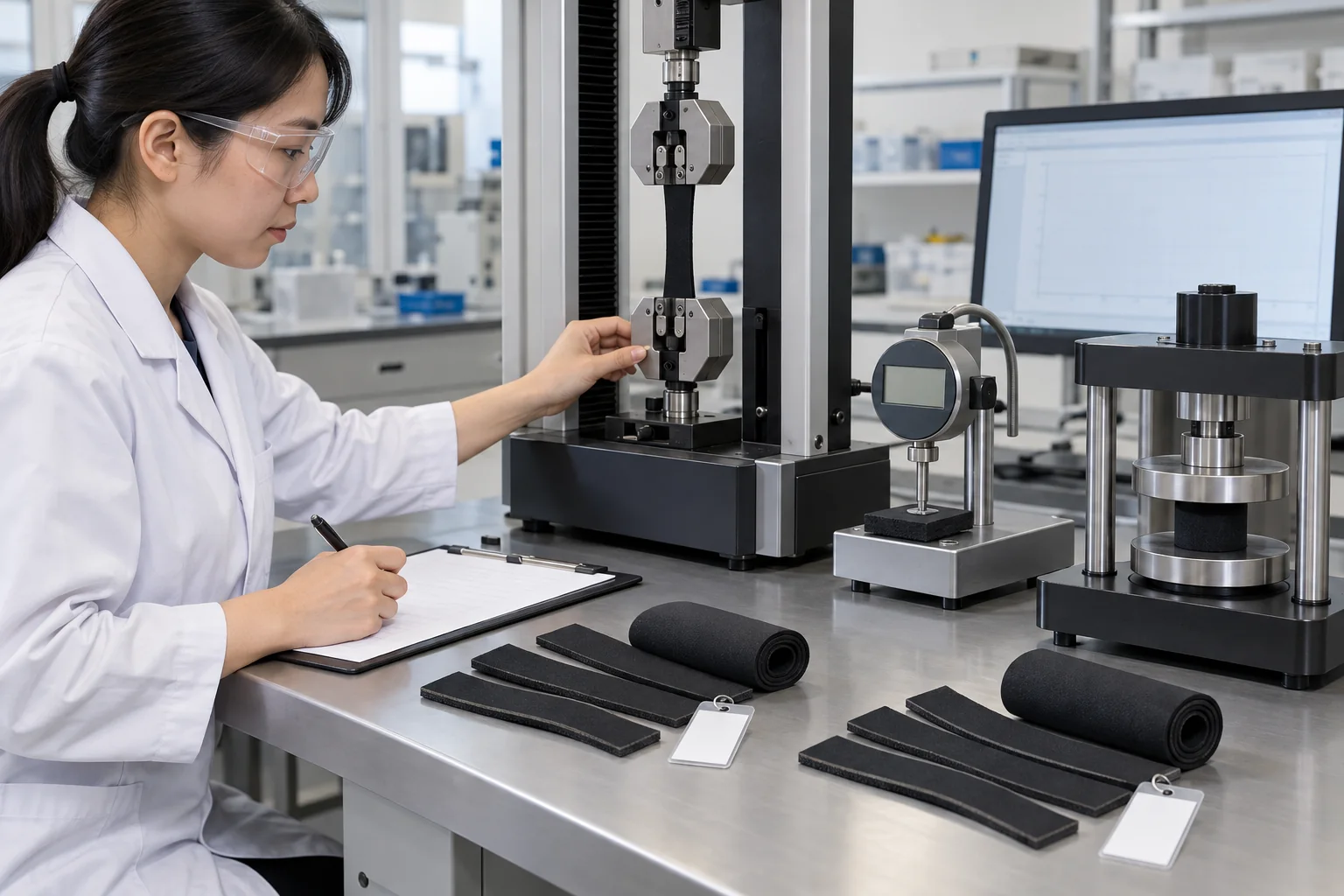 illustrative technician comparing identified limestone-based wetsuit material specimens under controlled conditions