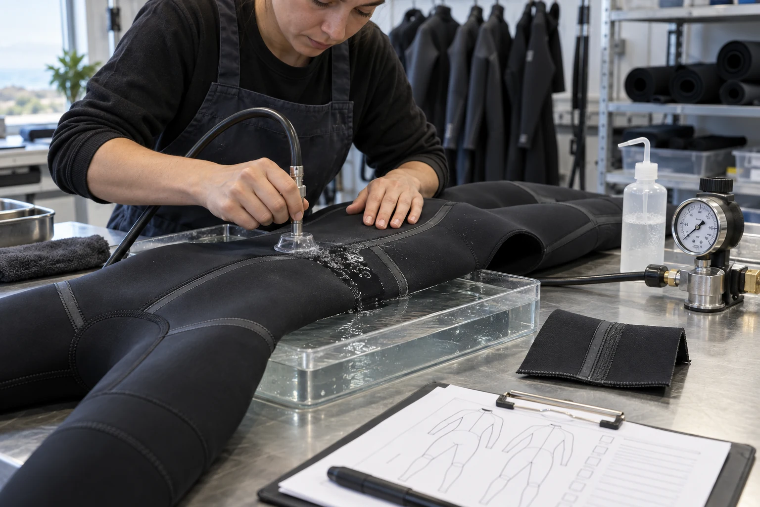 illustrative localized wetsuit seam leak test using controlled air pressure and bubble inspection