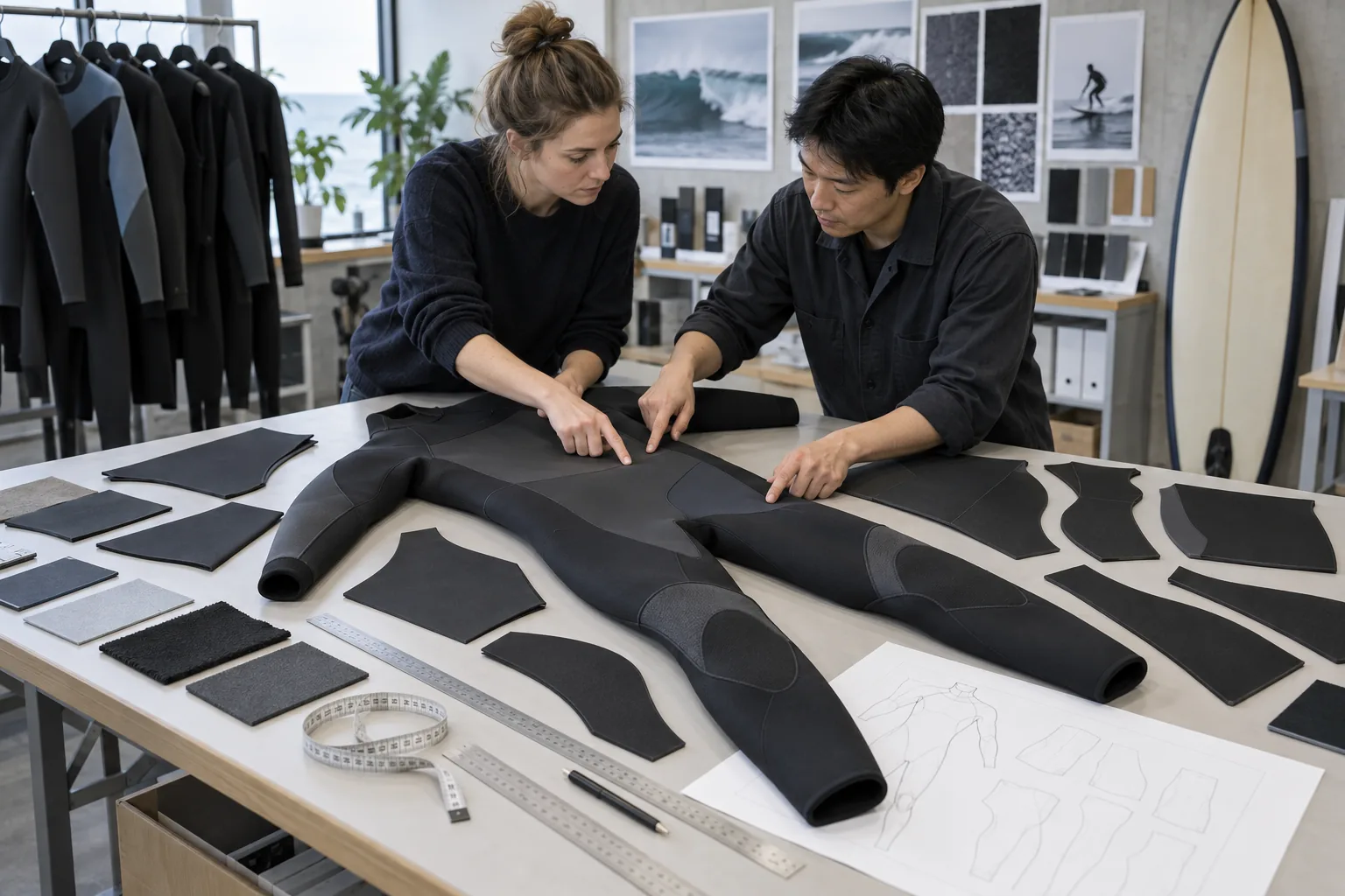 brand buyer and technician reviewing a multi-thickness wetsuit panel map and material zones
