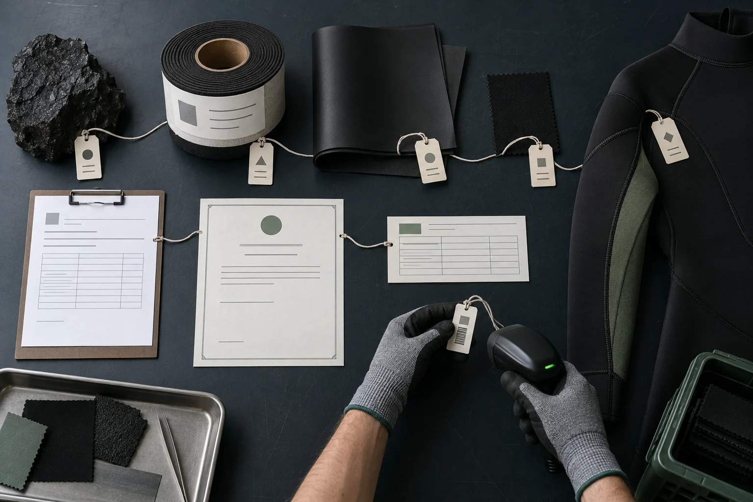 illustrative natural rubber wetsuit material evidence chain with documents labels laminate and retained swatch