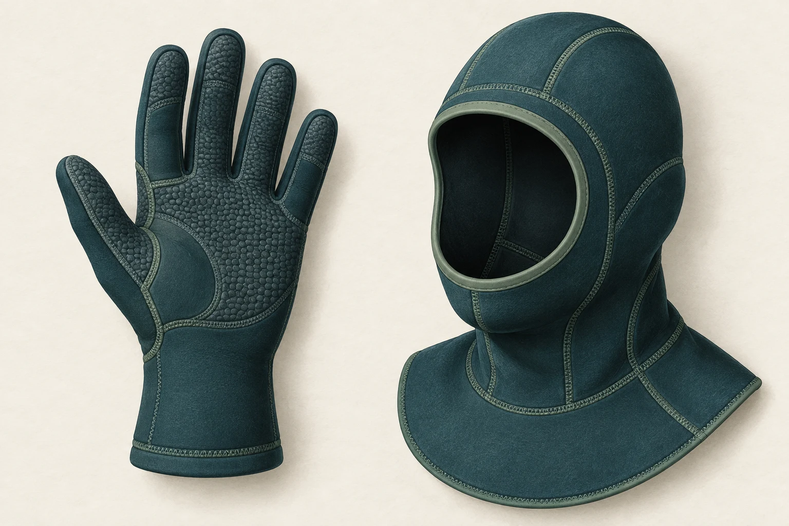 Concept illustration showing a hood face opening and bib beside a five-finger glove and cuff