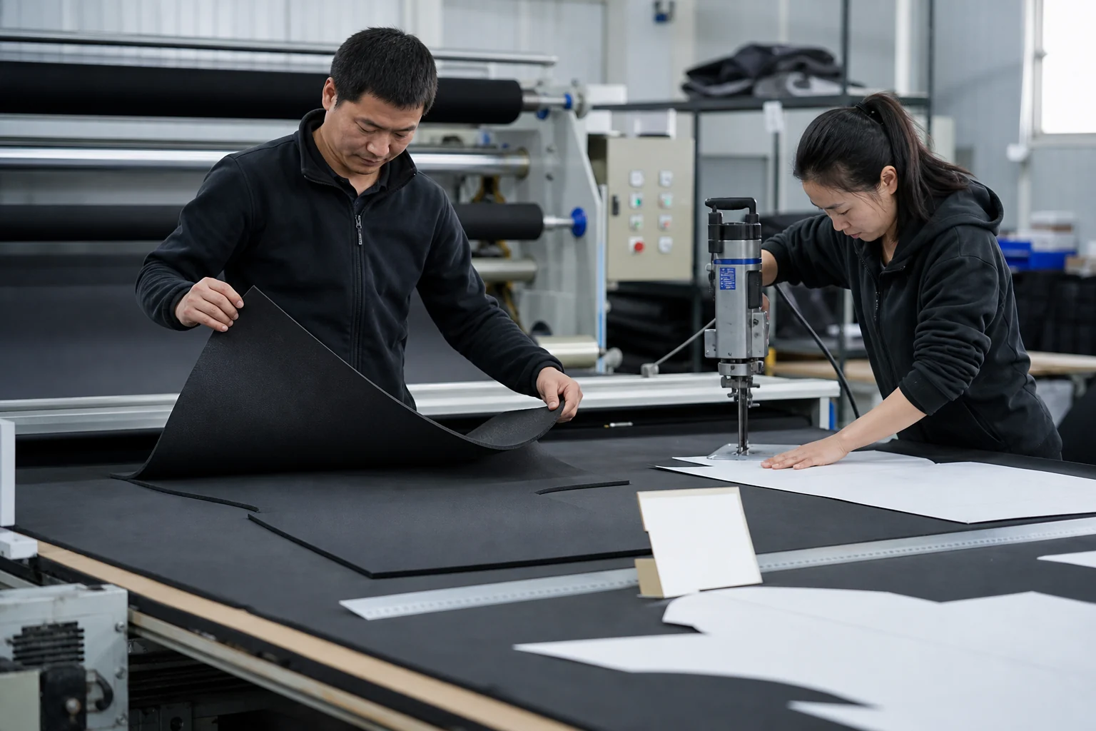 Illustrative neoprene lamination and precision cutting stage in the wetsuit manufacturing process