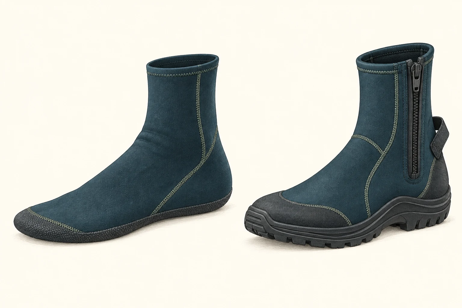 Concept comparison of a soft neoprene sock and a structured zippered dive boot with a molded outsole